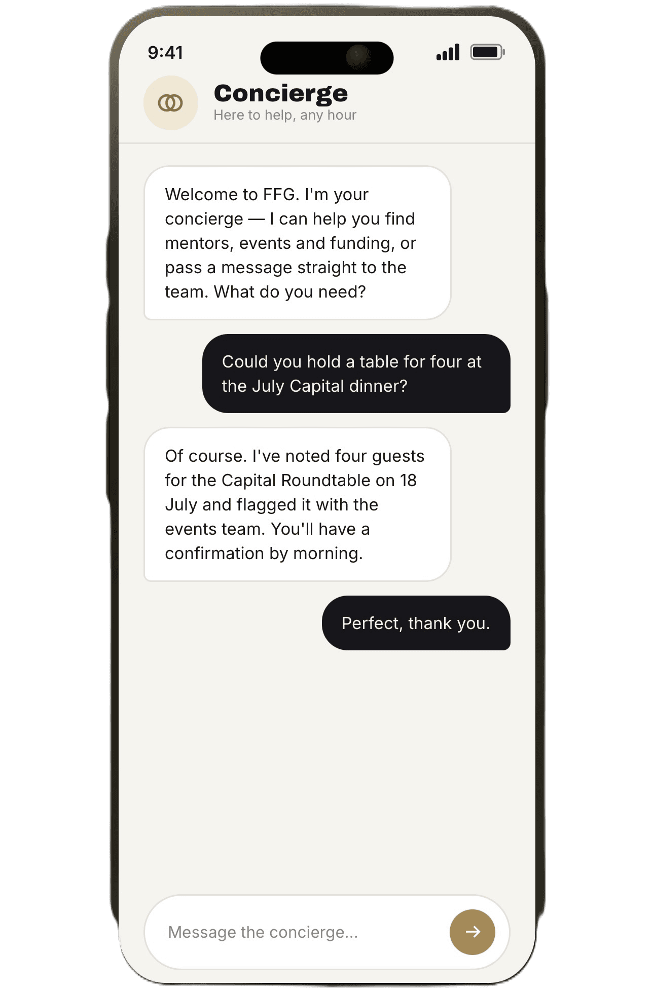 The FFG Connect app Concierge screen