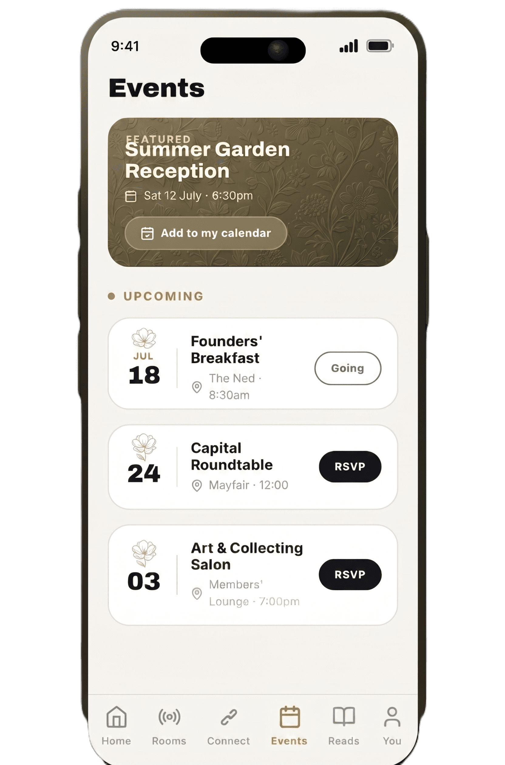The FFG Connect app Events screen
