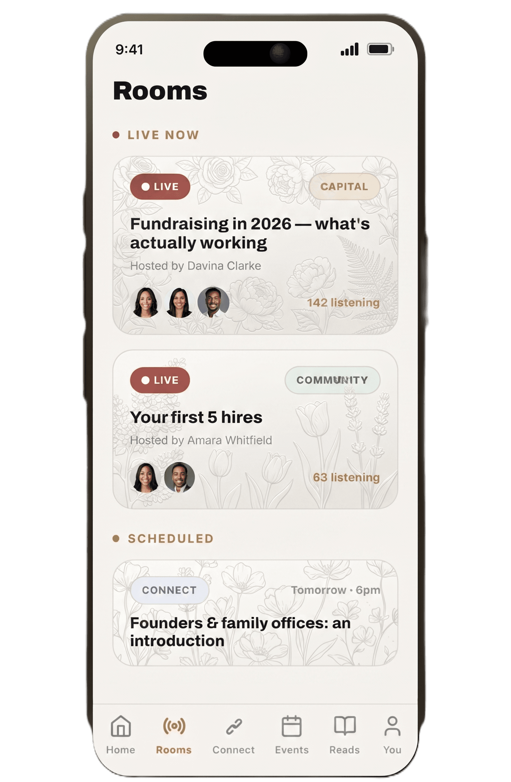 The FFG Connect app Rooms screen